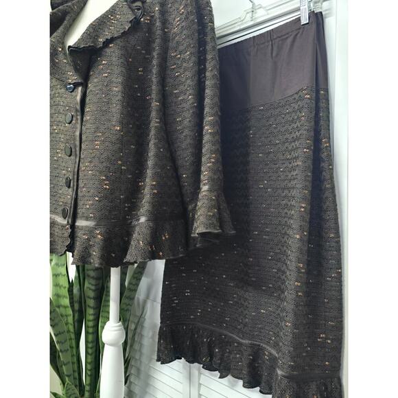 Doncaster Collection Brown Tweed Ruffled Silk Trim Jacket Blazer & Skirt Set 3X - Picture 3 of 7